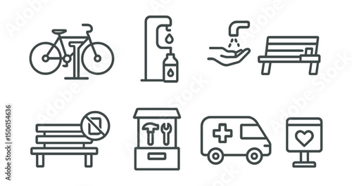 Line style icons of caring cities: repair station for bikes, refill water point, open charging bench, hand washing station, tech-free resting spot, tool lending kiosk, mobile health unit