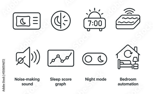 Line style icons of smart home technology: sleep tracking pad, circadian light icon, wake-up alarm lighting, smart mattress badge, noise-masking sound, sleep score graph, night mode toggle