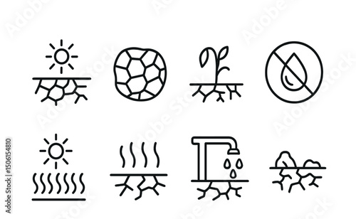 Line style icons of climate vocabulary: drought field icon, cracked soil symbol, dry plant sketch, empty well icon, water scarcity badge, heatwave symbol, irrigation shortage, barren land line.