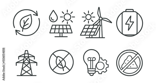 Line style icons of climate vocabulary: green transition icon, renewable energy mix, solar panel and wind combo, battery storage badge, grid transformation line, fossil-free symbol