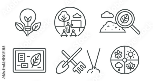 Line style icons of creative learning in school: nature-inspired learning icon, outdoor classroom badge, leaf printing activity, soil observation loop, weather chart sketch, eco project board