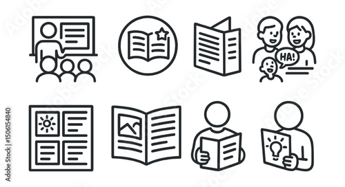 Line style icons of creative learning in school: classroom zine icon, student publication badge, foldable mini-book icon, peer comic sketch, story layout board, mix of drawings and words