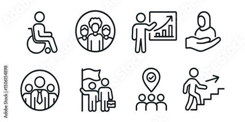 Line style icons of social entrepreneurship: inclusive hiring icon, diverse team badge, training and upskilling icon, employment for at-risk groups, social inclusion job icon, empowerment through work