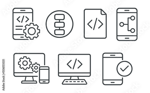 Line style icons of mobile app development: development process icon, build pipeline badge, code version icon, feature branch symbol, release cycle screen, dev environment setup, coding workspace icon
