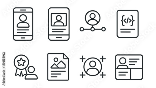 Line style icons of mobile app development: team bio card, contributor story panel, profile with timeline icon, developer intro block, skills and role badge, project background note, founder highlight