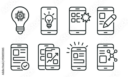 Line style icons of mobile app development: lightbulb and chip icon, app innovation badge, new idea + tech symbol, unique UX concept, breakthrough feature icon, app design rethink