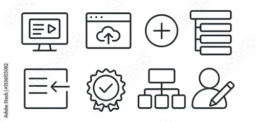 Line style icons of EdTech platforms: course creation icon, upload content panel, add quiz button, module builder screen, lesson order drag tool, publish course badge, learning path planner