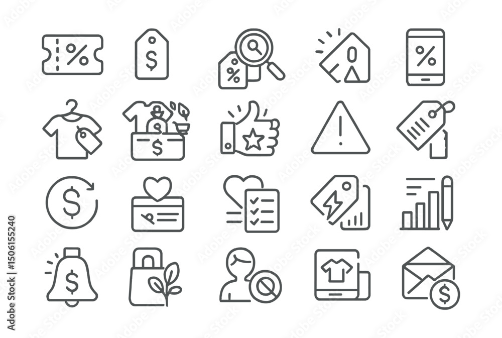 Line style icons of smart spending: coupon icon, sale tag, compare prices, budget list, discount app, thrift icon, expense category, best value, deal alert, promo code, cashback icon, budget envelope