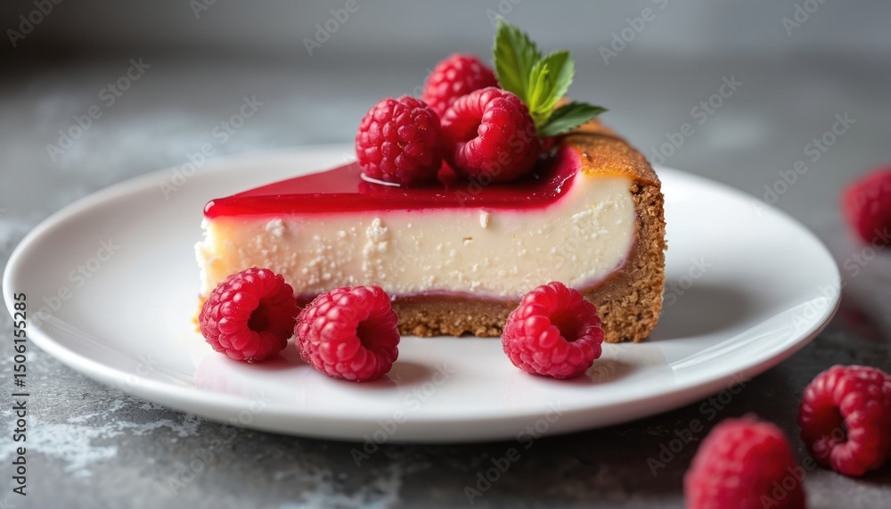 Slice no-bake raspberry cheesecake with jelly layer fresh raspberries on white plate. Delicious dessert on gray rustic concrete table. Summer sweets. Food, drink concept, healthy eating, refreshment. Slice no-bake raspberry cheesecake with jelly layer fresh raspberries on white plate. Delicious dessert on gray rustic concrete table. Summer sweets. Food, drink concept, healthy eating, refreshment.