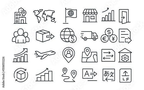 Line style icons of business expansion: new location, global map, international flag, franchise icon, growth chart, hire staff, export icon, foreign investment, logistics line, market entry,