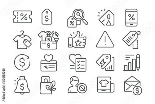 Line style icons of smart spending: coupon icon, sale tag, compare prices, budget list, discount app, thrift icon, expense category, best value, deal alert, promo code, cashback icon, budget envelope