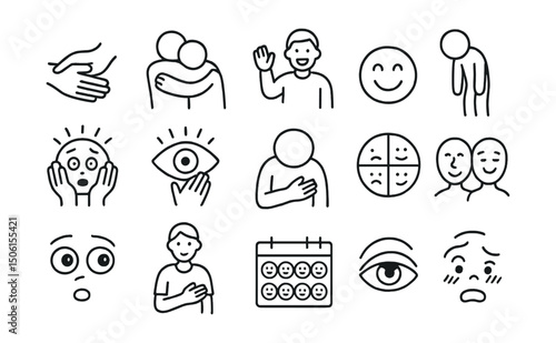Line style icons of moods and emotions: empathy hands, emotional hug icon, cheerful wave, disappointed droop posture, fearful face with hands, gratitude symbol, Line style icons of moods and emotions