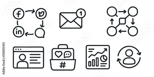 Line style icons of social media and communication: cross-platform icon, unified inbox badge, manage across apps symbol, post to multiple accounts icon, shared profile layout, integrated social toolk