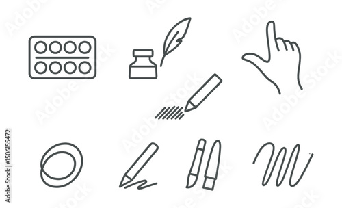 Line style icons of hobbies and creativity: watercolor tray, ink bottle and quill, pencil shading lines, artistic hand gesture, doodle sketch icon, pencil in motion, mixed media tool, creative lines.