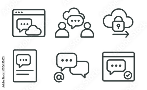 Line style icons of cloud computing: chat inside dashboard, real-time team conversation, cloud channel icon, private discussion room, comment thread in project, mention + reply layout