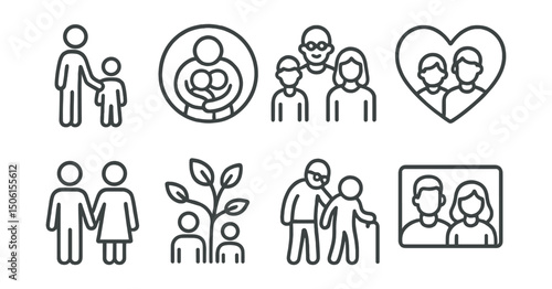 Line style icons of family and relationships: parent with child icon, family hug badge, intergenerational group symbol, sibling connection heart, couple holding hands, family tree branch