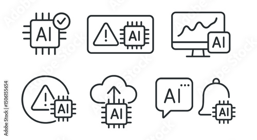 Line style icons of artificial intelligence: smart notification badge, model alert pop-up, prediction confidence message, low accuracy warning, data drift alert icon, deployment change notice
