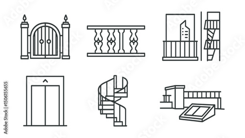 Line style icons of architecture and cities: entrance gate, decorative railing, balcony view, fire escape, elevator shaft, spiral staircase icon, rooftop terrace, skylight opening.