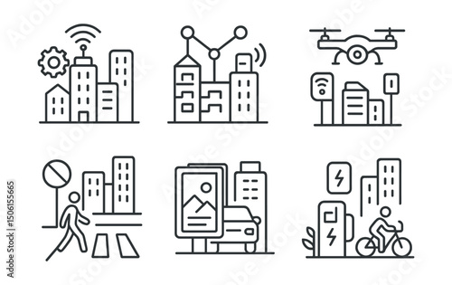 Line style icons of architecture and cities: smart city icon, networked buildings, urban sensors symbol, city drone icon, traffic-free street, digital signage, charging station icon, green mobility