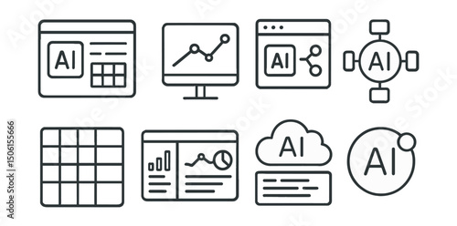Line style icons of artificial intelligence: AI dashboard layout, performance monitor chart, inference result screen, AI runtime overview, usage heatmap view, metric tile panel, cloud AI log viewer