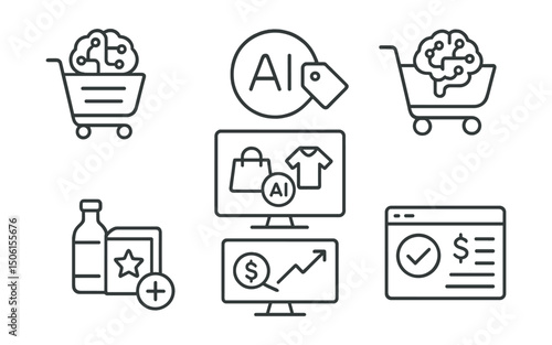 Line style icons of artificial intelligence: smart shopping assistant icon, product recommendation badge, behavioral cart predictor, price prediction screen, AI in ecommerce layout