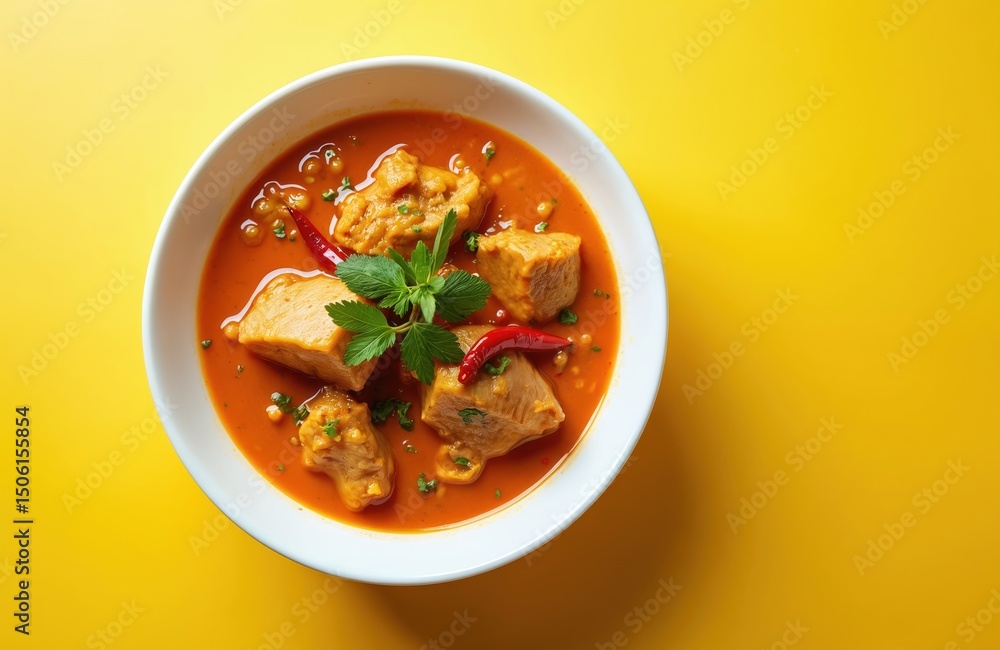 Panaeng curry with pork in white bowl on yellow background. Thai cuisine dish with meat, red chili pepper, basil leaves. Asian food, delicious lunch or dinner meal on plate. Panaeng curry with pork in white bowl on yellow background. Thai cuisine dish with meat, red chili pepper, basil leaves. Asian food, delicious lunch or dinner meal on plate.