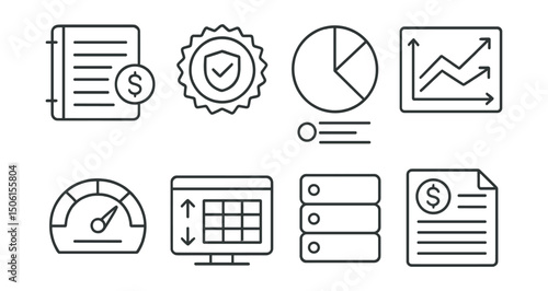 Line style icons of personal finance: budget planner icon, monthly limit badge, expense breakdown pie, income vs cost chart, savings goal meter, cashflow grid screen, category tag panel
