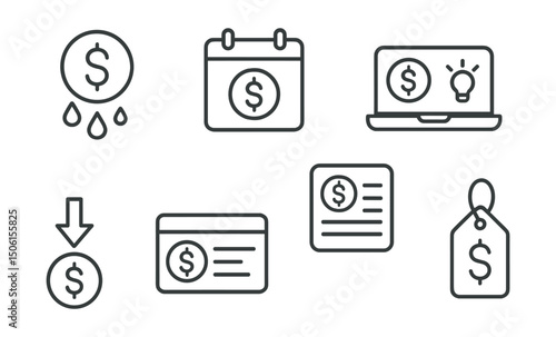 Line style icons of personal finance: income stream icon, pay frequency badge, salary vs side hustle screen, gross income summary, incoming transfer tracker, job income panel, freelance payment tag.