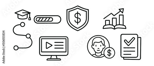Line style icons of personal finance: learning path for finance, course progress bar, budget basics badge, investment 101 icon, lesson module screen, student finance profile, quiz result layout.