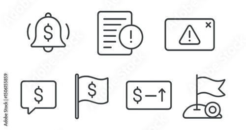 Line style icons of personal finance: finance notification bell, bill due alert badge, budget warning popup, income deposit message, suspicious activity flag, balance update notification