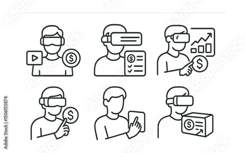 Line style icons of personal finance: virtual finance training icon, VR budgeting simulation badge, immersive dashboard view, virtual financial planning tool, gesture-based savings setup
