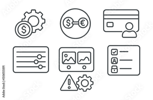Line style icons of personal finance: finance settings icon, currency toggle badge, payment method manager, preferences panel for budget app, theme selector screen, alert control icon