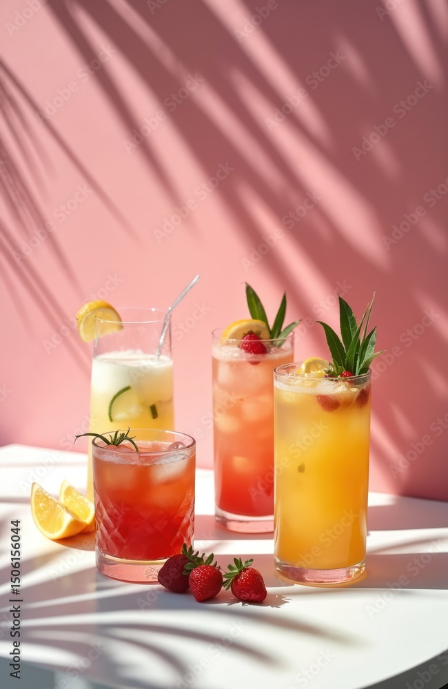 Summer cocktails with fruits, ice on white table against pink wall background. Drinks in sunlight. Palm leaf shadow creates summer, tropical vibes. Modern bar beverages for holiday. Refreshing drinks. Summer cocktails with fruits, ice on white table against pink wall background. Drinks in sunlight. Palm leaf shadow creates summer, tropical vibes. Modern bar beverages for holiday. Refreshing drinks.