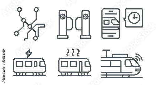 Line style icons of future urban transport: smart metro map, contactless metro gate, real-time train tracker, dynamic schedule icon, low-energy subway car, air-purified carriage, smart rail platform,