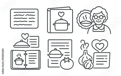 Line style icons of family memory archive: recipe card with handwriting, family cookbook icon, passed-down dish badge, grandma’s kitchen symbol, recipe binder, food and story icon, ingredients with