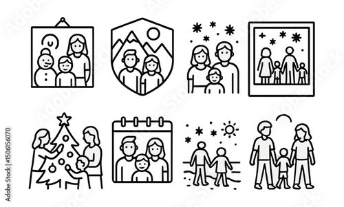 Line style icons of family memory archive: holiday memory symbol, family trip badge, shared picnic sketch, seasonal tradition icon, first snow photo, seaside walk memory, tree decorating icon, annual