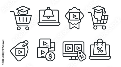 Line style icons of online education: educational product cart, e-learning subscription icon, course package badge, checkout for knowledge, shopping for classes icon, price tag on lesson, learning