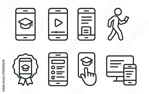 Line style icons of online education: mobile learning screen, phone with course player, vertical lesson layout, study on the go icon, app-based learning badge, mobile quiz screen, tap-to-learn icon,