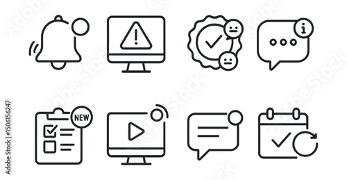 Line style icons of online education: course notification bell, pop-up alert icon, badge with message icon, reminder bubble, new quiz alert, lesson release ping, unread message mark, calendar sync