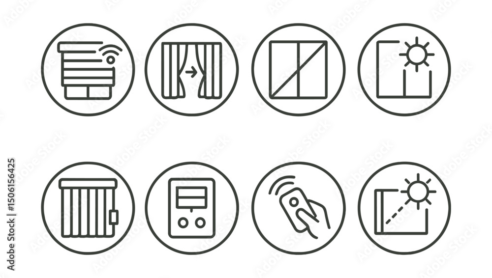 Line style icons of smart home tech: smart blinds icon, auto curtain control, light-sensing window badge, schedule open/close ring, vertical blind motor icon, shade control panel, remote blinds Line style icons of smart home tech: smart blinds icon, auto curtain control, light-sensing window badge, schedule open/close ring, vertical blind motor icon, shade control panel, remote blinds