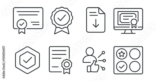 Line style icons of EdTech platforms: verified certificate icon, course completion badge, downloadable credential, certificate preview screen, blockchain-verified badge, transcript request icon,