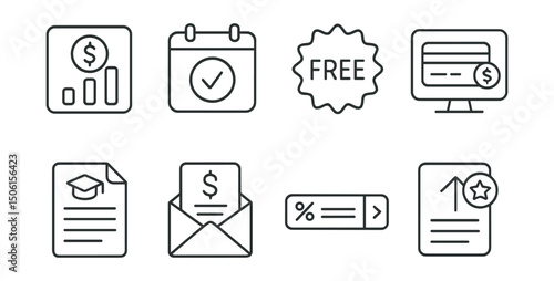 Line style icons of EdTech platforms: pricing tier card, subscription model icon, free trial badge, payment gateway screen, invoice for course, receipt email icon, discount code input, upgrade to