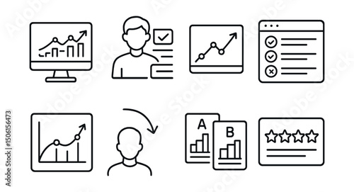Line style icons of EdTech platforms: course analytics icon, instructor performance data, user engagement chart, quiz completion rate, learning time graph, retention drop icon, test score comparison,