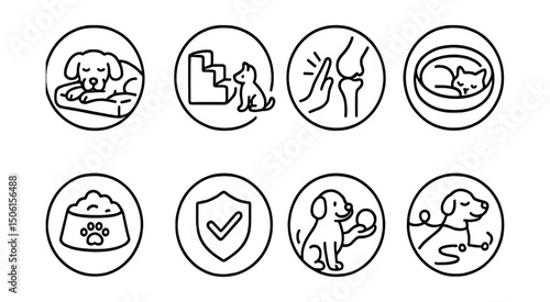 Line style icons of pets at home: senior pet comfort, soft stairs for pet, joint care icon, comfy bed ring, special food bowl, regular check badge, gentle play icon, calm walk route. Circular icons