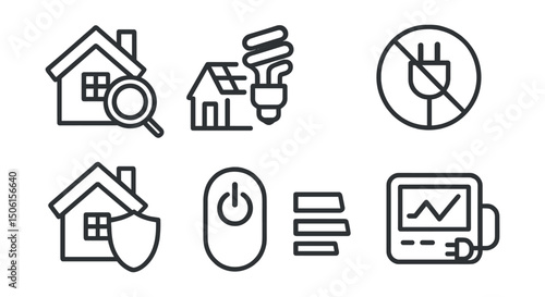 Line style icons of eco-friendly lifestyle: home energy audit icon, solar panel roof, low-watt bulb icon, unplug electronics badge, insulated home symbol, green power switch, reduce usage bar, energy