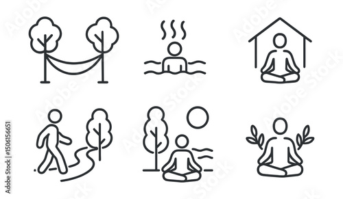 Line style icons of travel and leisure: relaxing hammock, hot springs icon, wellness retreat symbol, nature walk, forest bath icon, yoga by water, soft breeze icon, inner peace with nature.