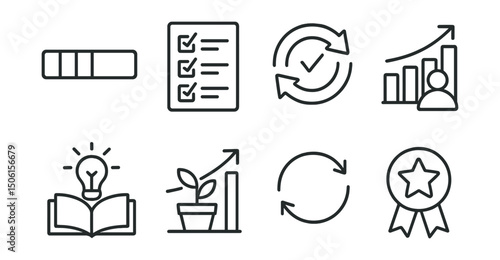Line style icons of work and productivity: progress tracking bar, completed steps icon, feedback loop symbol, performance review chart, learning and development icon, growth plan, continuous