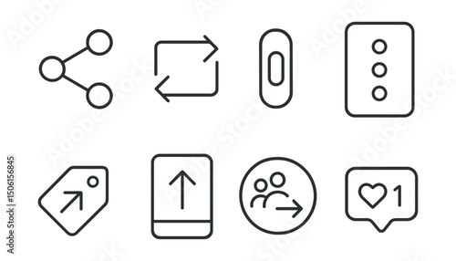 Line style icons of social media and communication: share icon, repost arrow, copy link button, platform picker screen, external link tag, share via story icon, forward to group badge, share count