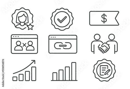Line style icons of social media and communication: influencer badge icon, verified creator symbol, sponsorship tag, brand collaboration panel, affiliate link tracker, creator partnership icon,