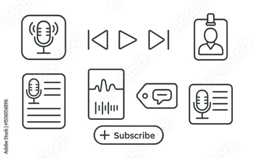 Line style icons of social media and communication: podcast episode icon, play + skip controls, audio timeline screen, guest speaker badge, podcast playlist panel, topic tag icon, subscribe to show